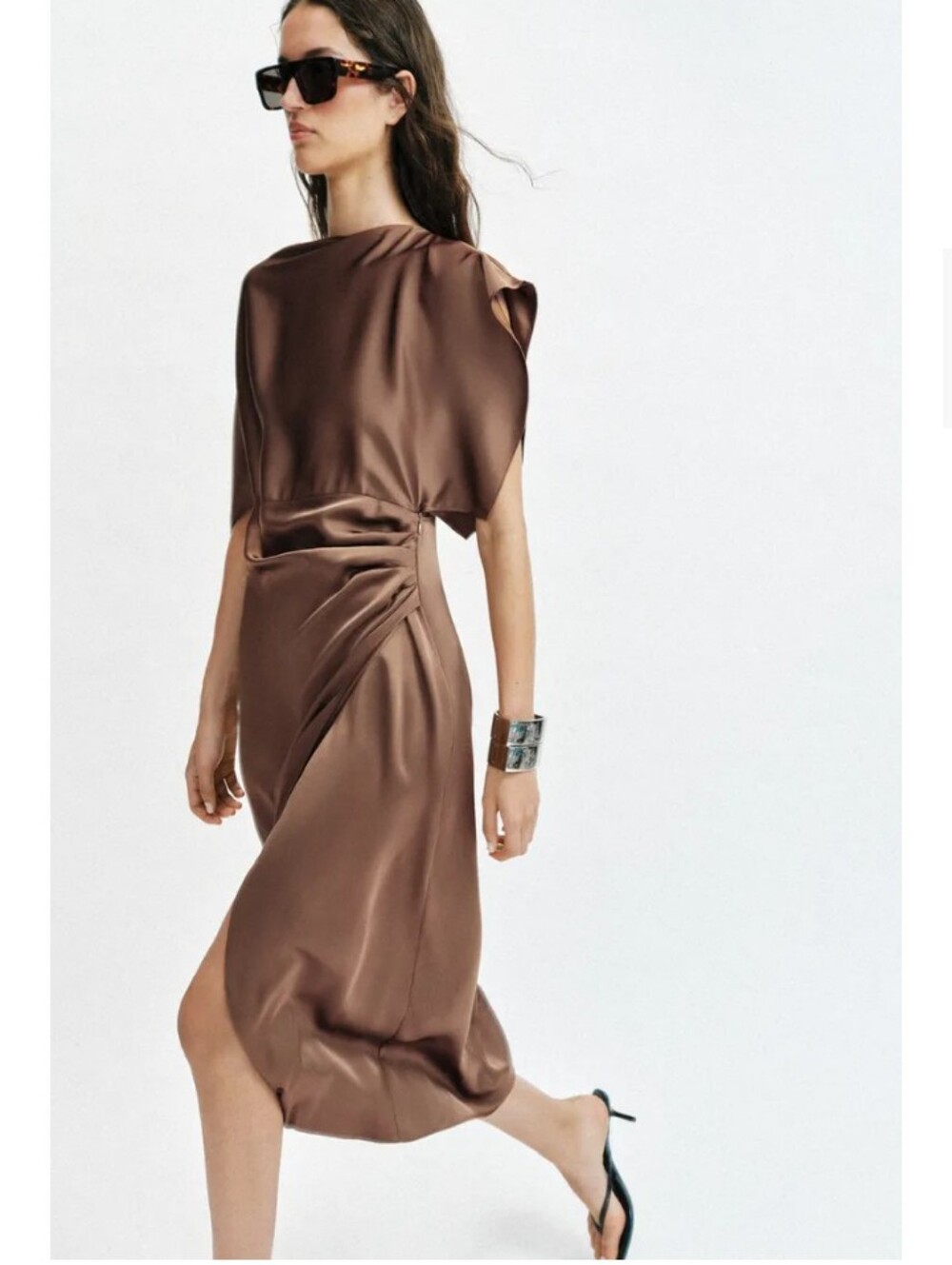 Zara Satin Effect Cape Brown Midi Dress - Picture 4 of 10